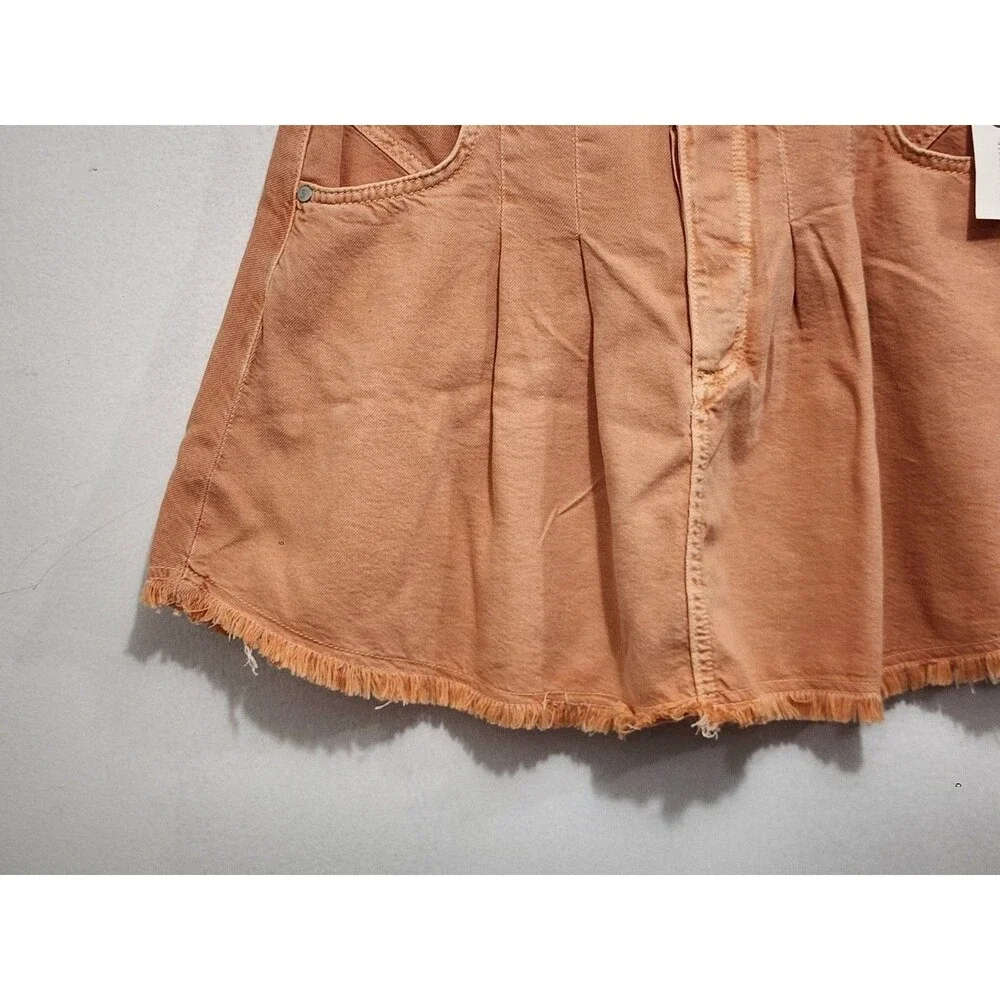 Anthropologie Pilcro Pleated Denim Mini Skirt Orange Fray Hem Button Fly Sz 16